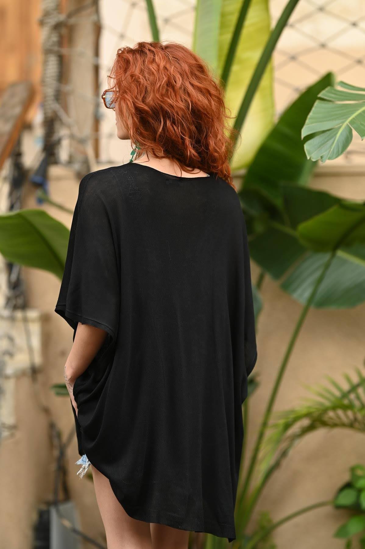 Siyah Bisiklet Yaka Oversize Triko Tunik