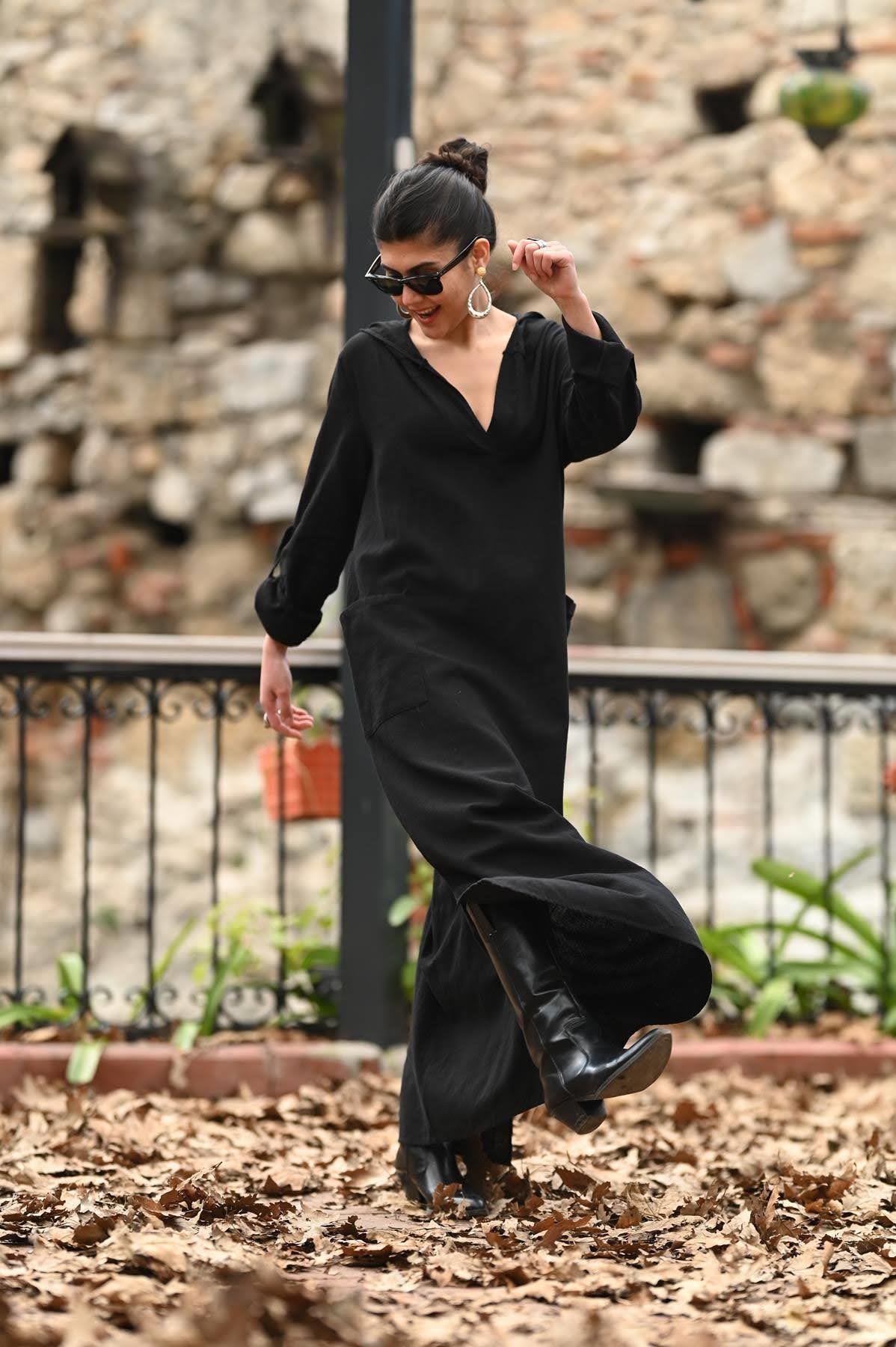 Black Hooded Double Pocket Slit Linen Dress