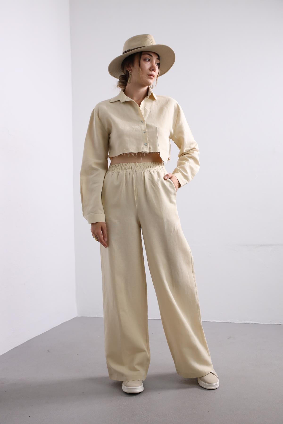 Krem Rengi Crop Gömlek Pantolon Takım - Şaman Butik Krem Rengi Crop Gömlek Pantolon Takım
