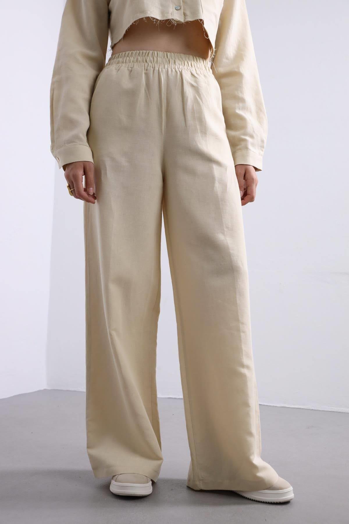Krem Rengi Crop Gömlek Pantolon Takım - Şaman Butik Krem Rengi Crop Gömlek Pantolon Takım