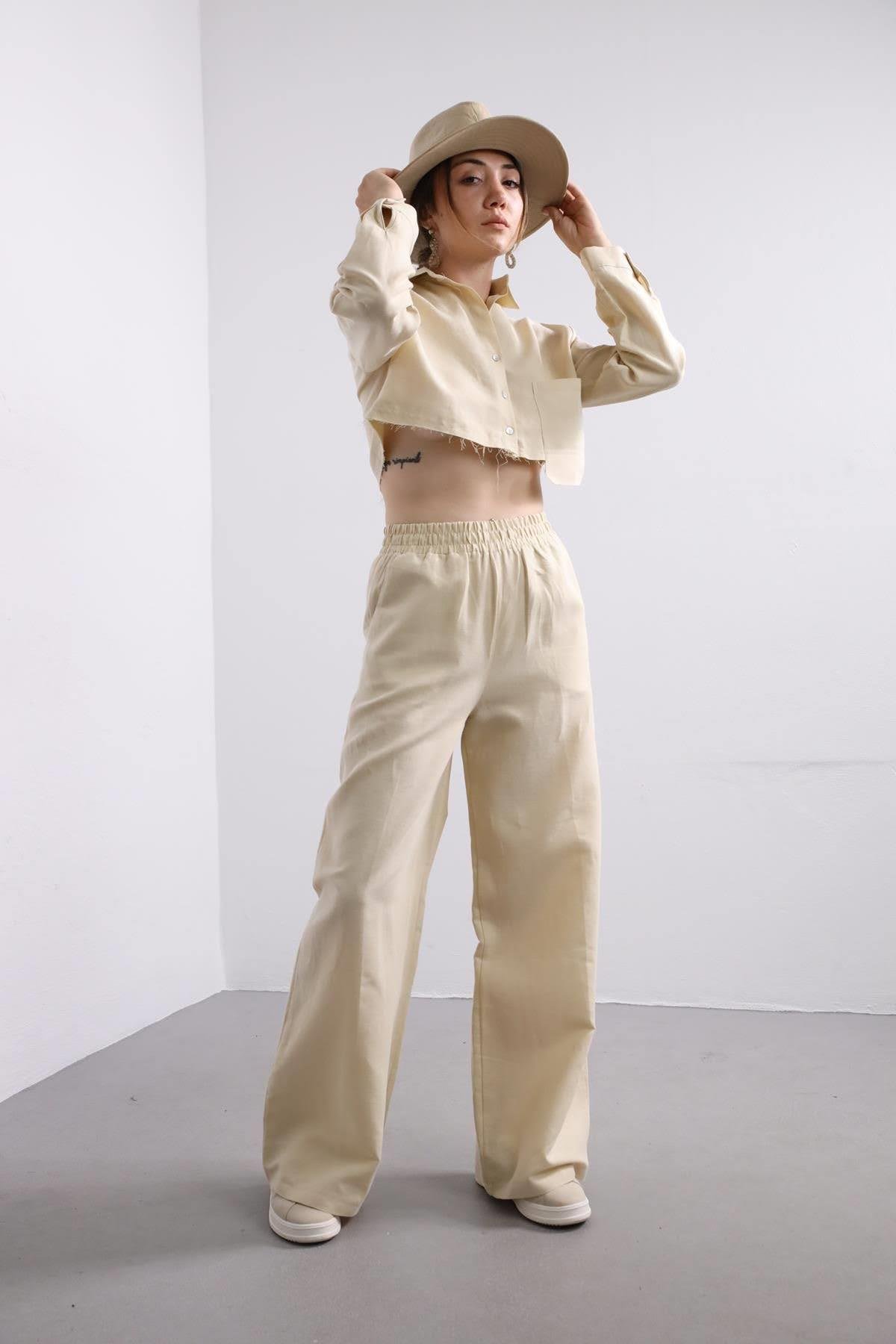 Krem Rengi Crop Gömlek Pantolon Takım - Şaman Butik Krem Rengi Crop Gömlek Pantolon Takım