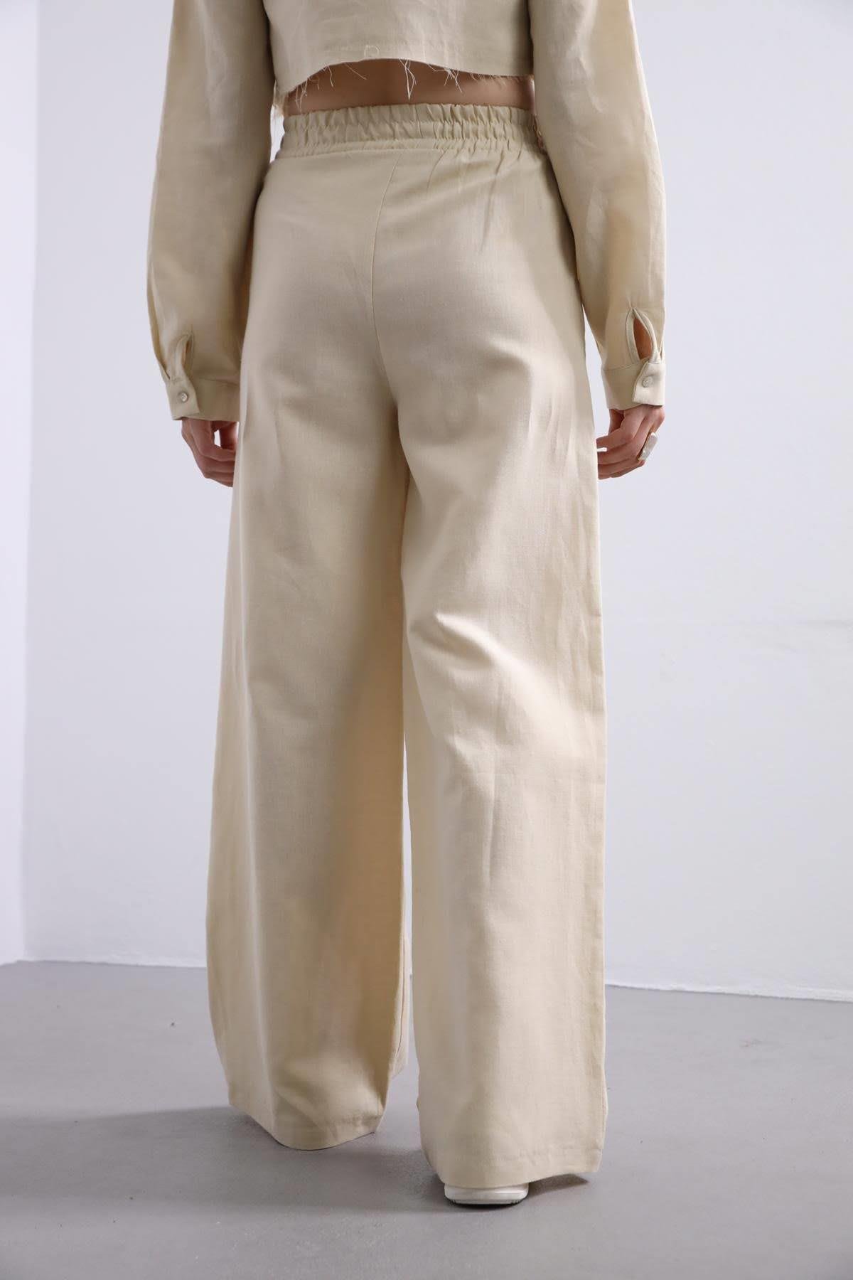 Krem Rengi Crop Gömlek Pantolon Takım - Şaman Butik Krem Rengi Crop Gömlek Pantolon Takım