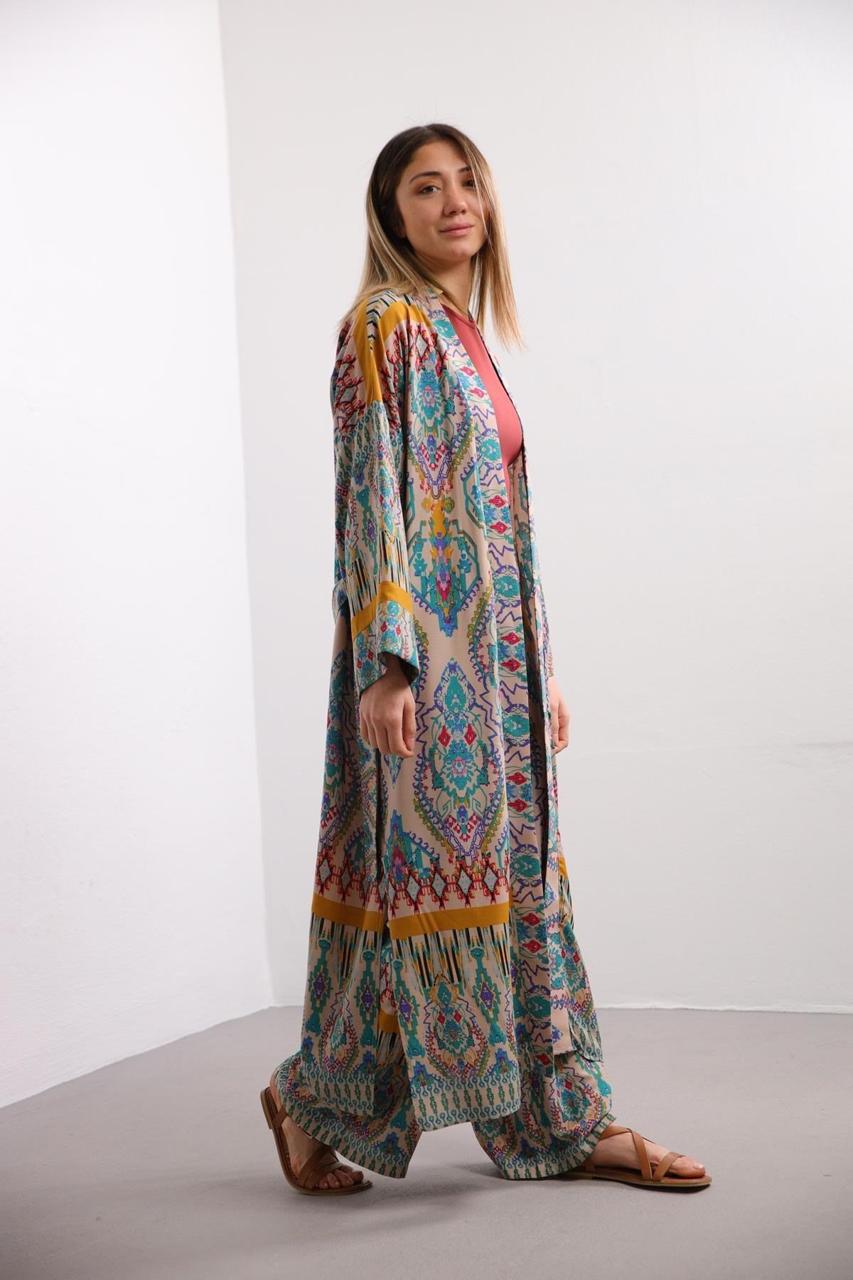 Krem Rengi Desenli Kimono Pantolon Takım - Şaman Butik - Bohem Giyim ve Aksesuar | Kadın & Erkek Krem Rengi Desenli Kimono Pantolon Takım