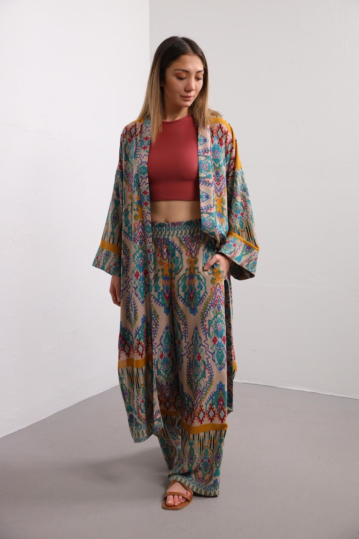 Krem Rengi Desenli Kimono Pantolon Takım - Şaman Butik - Bohem Giyim ve Aksesuar | Kadın & Erkek Krem Rengi Desenli Kimono Pantolon Takım
