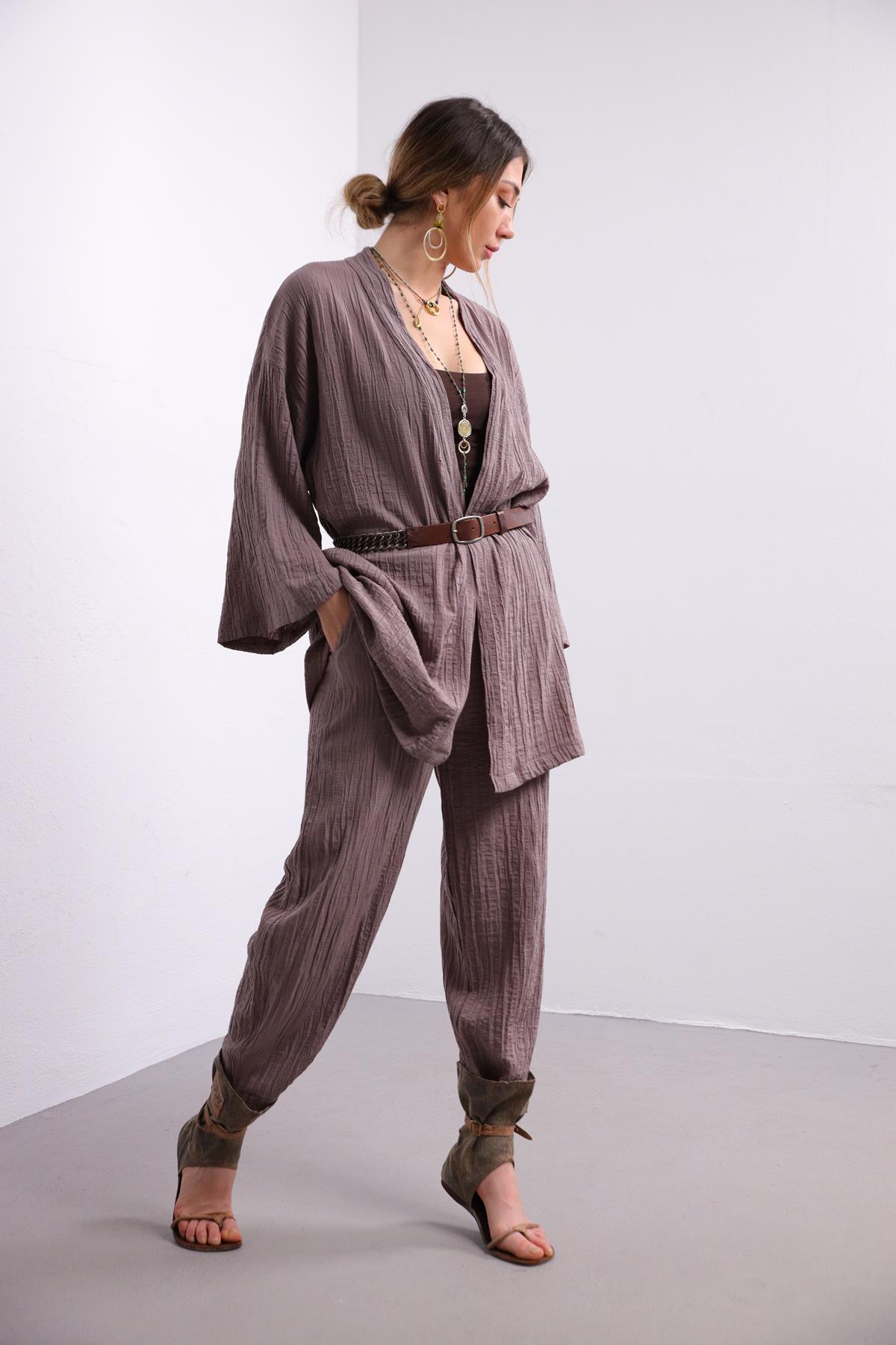 Vizon Gofre Kimono Pantolon Takım - Şaman Butik - Bohem Giyim ve Aksesuar | Kadın & Erkek Vizon Gofre Kimono Pantolon Takım
