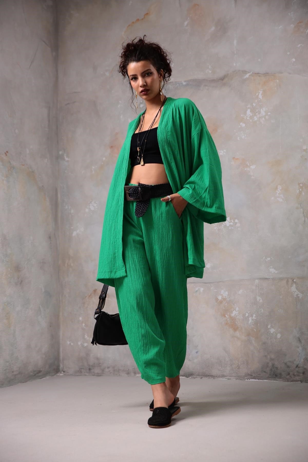 Yeşil Gofre Kimono Pantolon Takım - Şaman Butik - Bohem Giyim ve Aksesuar | Kadın & Erkek Yeşil Gofre Kimono Pantolon Takım