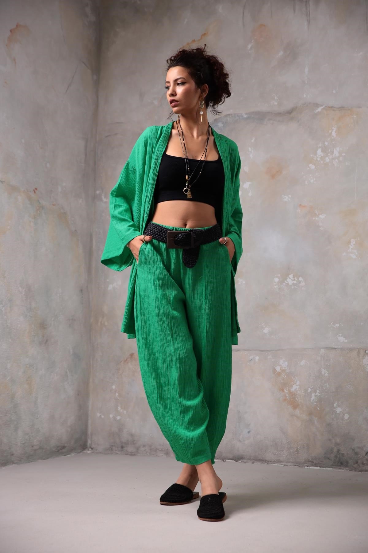 Yeşil Gofre Kimono Pantolon Takım - Şaman Butik - Bohem Giyim ve Aksesuar | Kadın & Erkek Yeşil Gofre Kimono Pantolon Takım