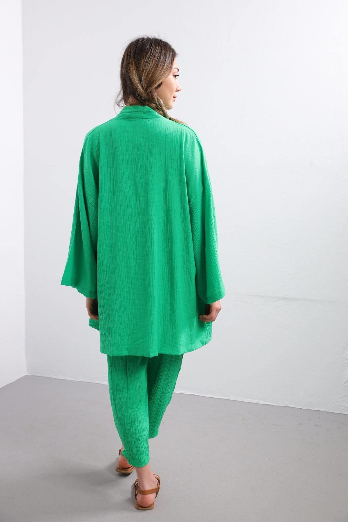 Yeşil Gofre Kimono Pantolon Takım - Şaman Butik - Bohem Giyim ve Aksesuar | Kadın & Erkek Yeşil Gofre Kimono Pantolon Takım