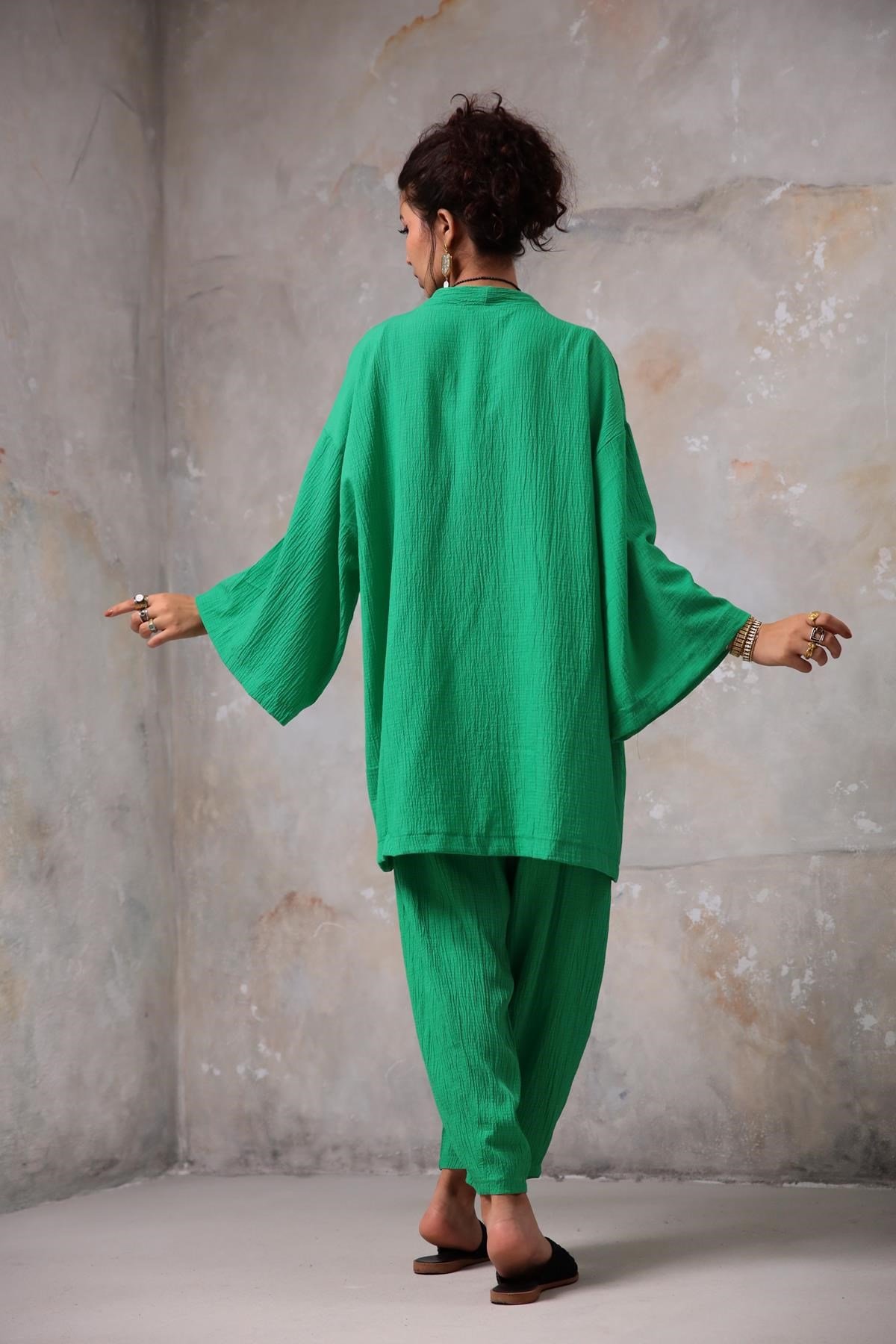 Yeşil Gofre Kimono Pantolon Takım - Şaman Butik - Bohem Giyim ve Aksesuar | Kadın & Erkek Yeşil Gofre Kimono Pantolon Takım