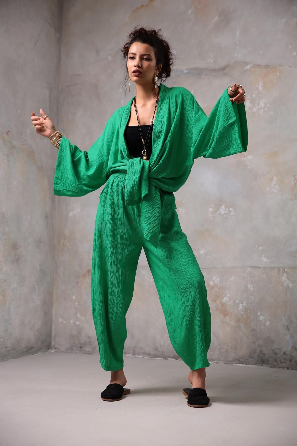 Yeşil Gofre Kimono Pantolon Takım - Şaman Butik - Bohem Giyim ve Aksesuar | Kadın & Erkek Yeşil Gofre Kimono Pantolon Takım