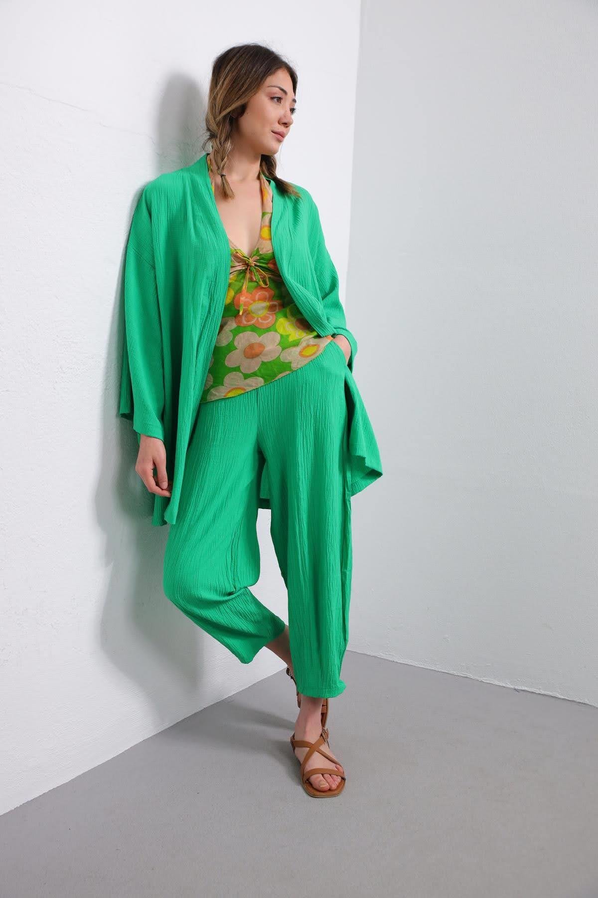 Yeşil Gofre Kimono Pantolon Takım - Şaman Butik - Bohem Giyim ve Aksesuar | Kadın & Erkek Yeşil Gofre Kimono Pantolon Takım