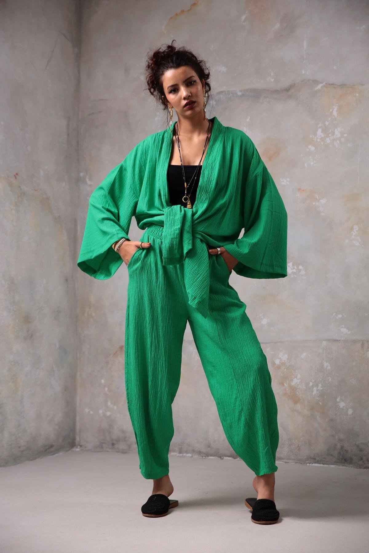 Yeşil Gofre Kimono Pantolon Takım - Şaman Butik - Bohem Giyim ve Aksesuar | Kadın & Erkek Yeşil Gofre Kimono Pantolon Takım
