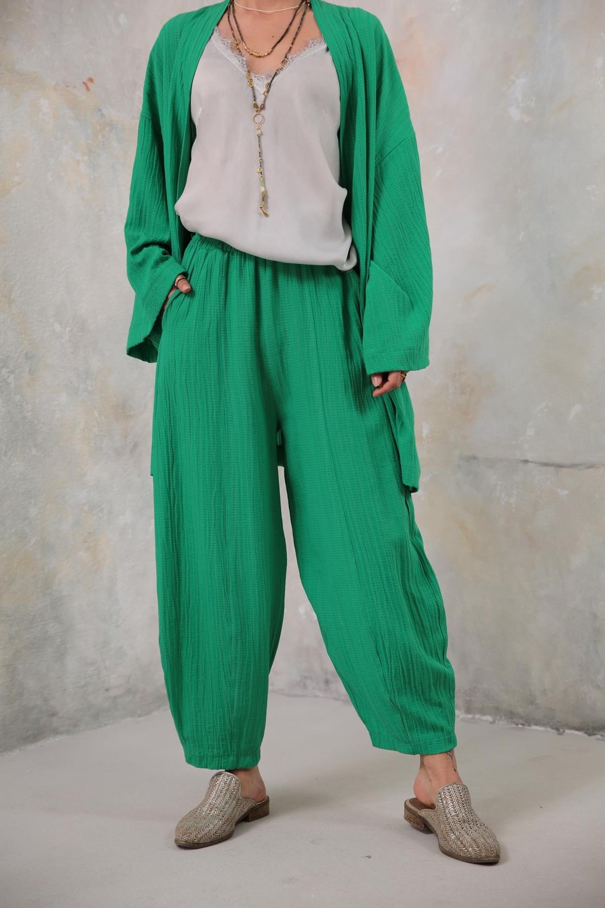 Yeşil Gofre Kimono Pantolon Takım - Şaman Butik Yeşil Gofre Kimono Pantolon Takım
