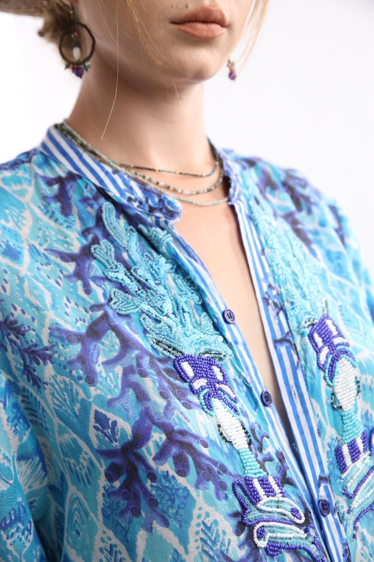 Mavi Boncuk İşlemeli Yanları Püsküllü Tunik - Şaman Butik Mavi Boncuk İşlemeli Yanları Püsküllü Tunik