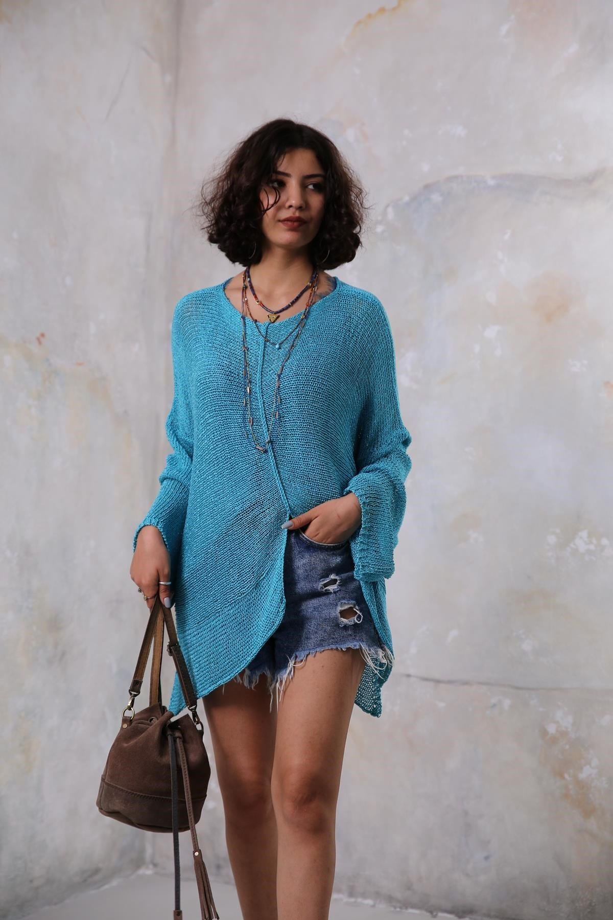 Turkuaz Dikiş Detaylı Salaş Merserize Tunik - Şaman Butik Turkuaz Dikiş Detaylı Salaş Merserize Tunik