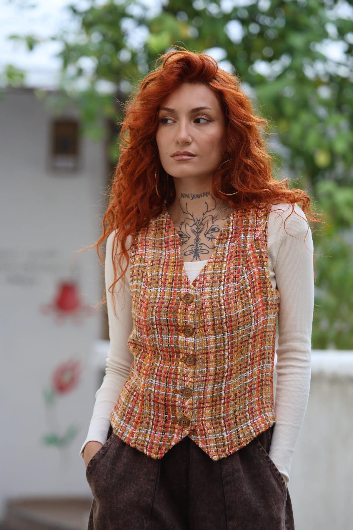 Turuncu Desenli Dokuma Bohem Yelek