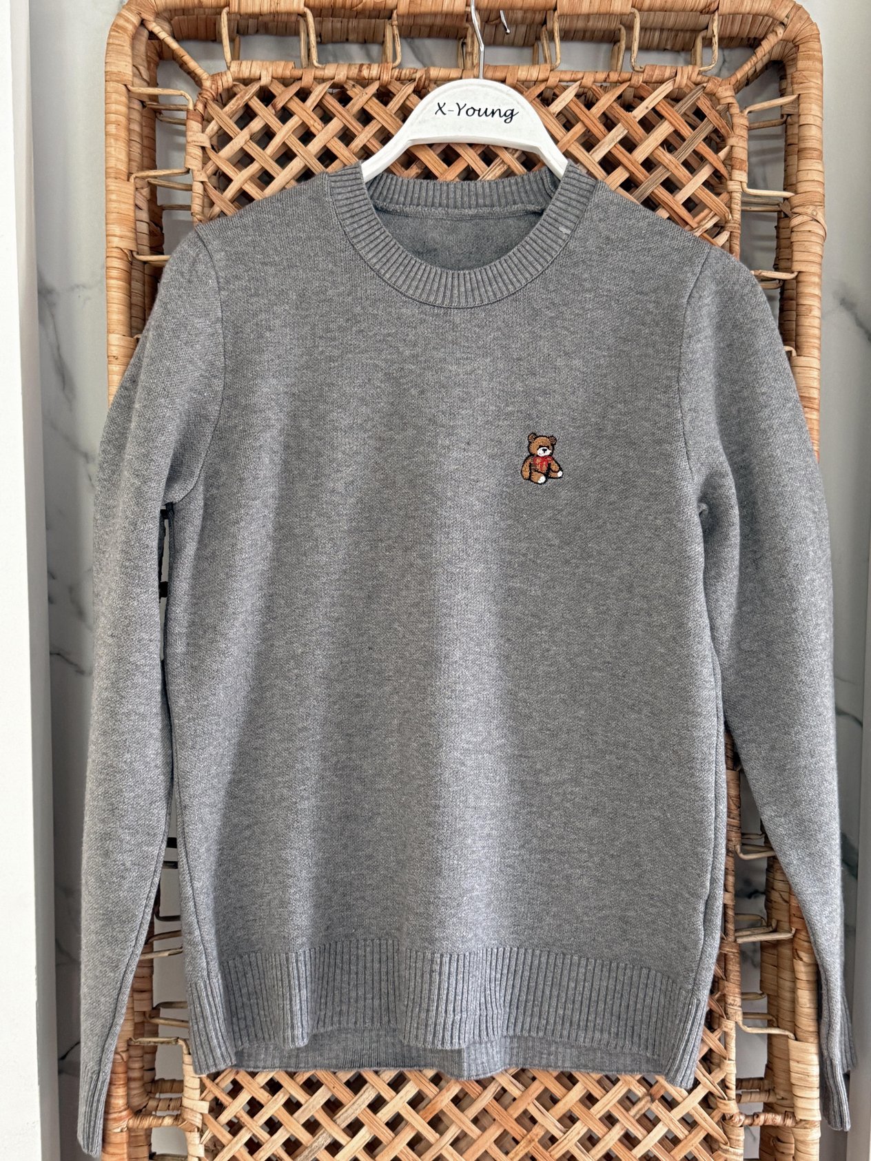 Sweater with Teddy Embroidery Gray