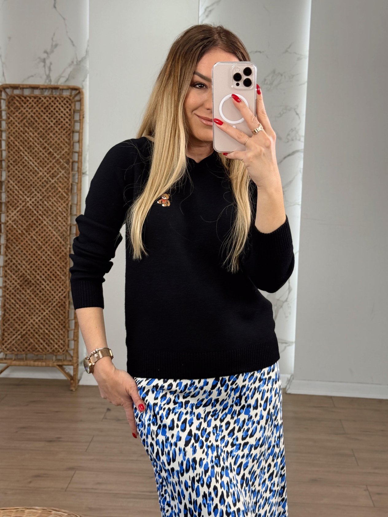 Sweater with Teddy Embroidery BLACK
