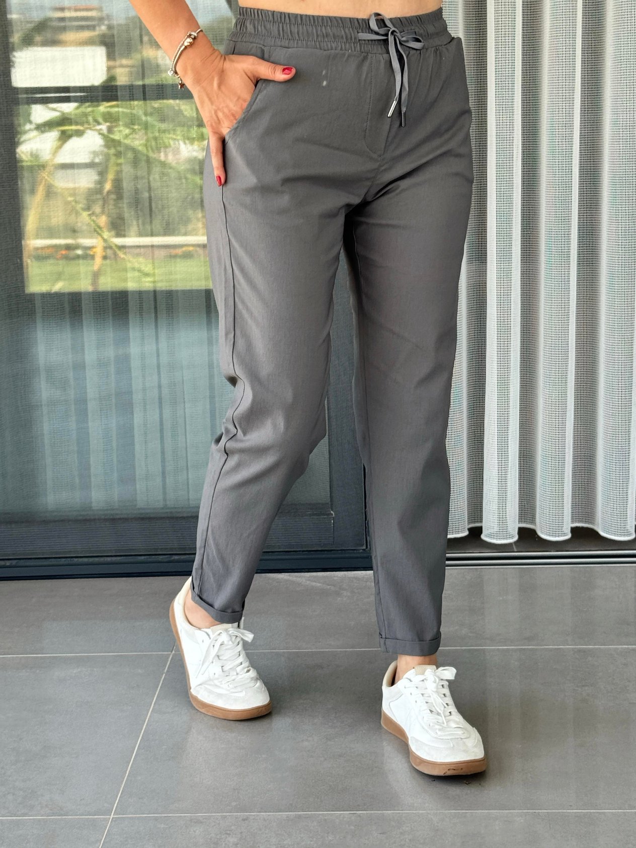 Elastic Waist Double Cuffed Pants Anthracite