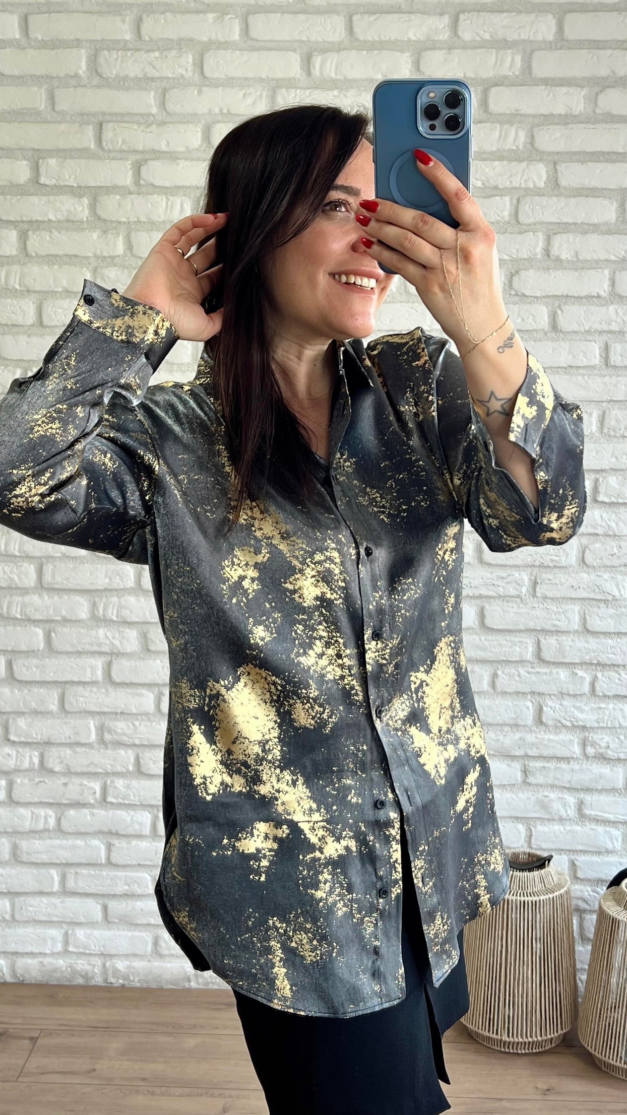 Ice Satin Foil Printed Shirt Gold