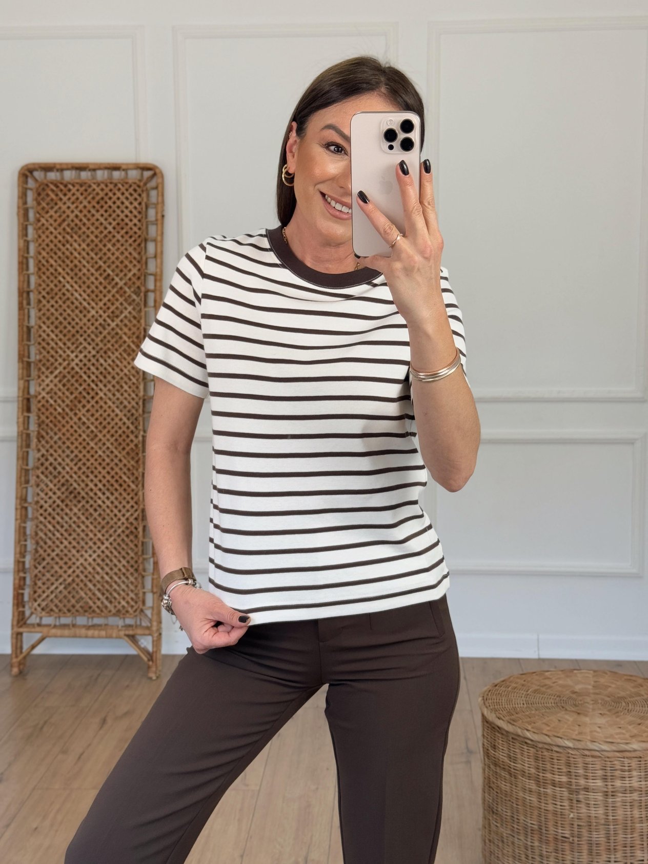 Çizgili Bisiklet Yaka Tshirt KAHVE