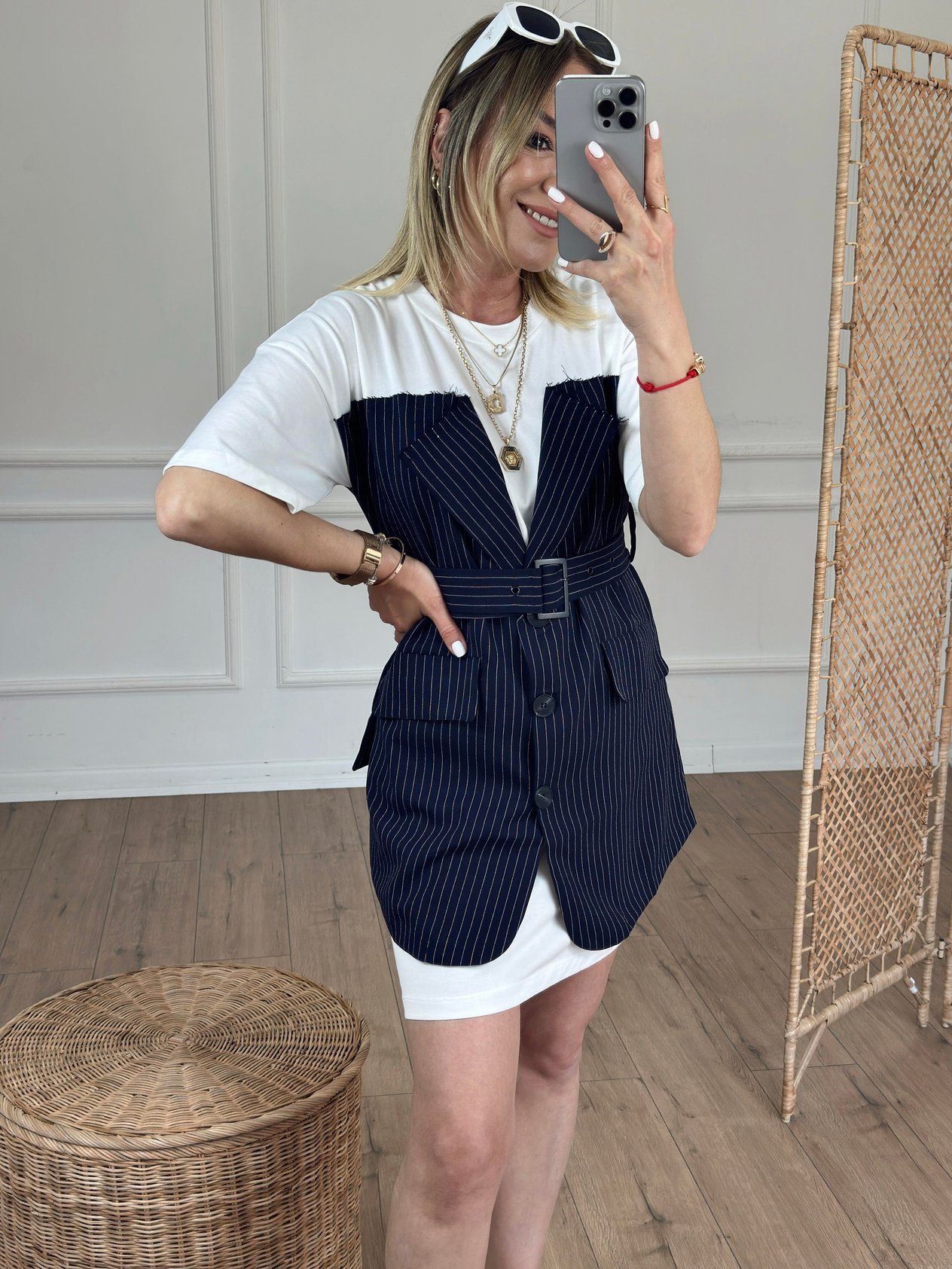 Striped Contrast T-Shirt Dress Navy Blue