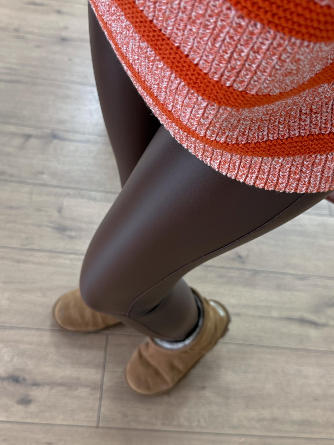 Wide Belt Brushed Leather Leggings Brown