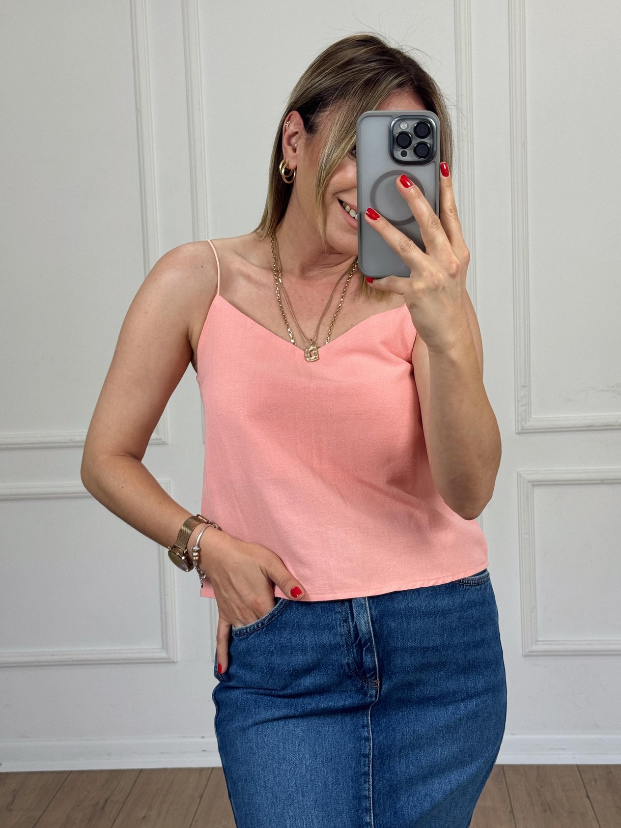 Spaghetti Strap Linen Blouse Salmon