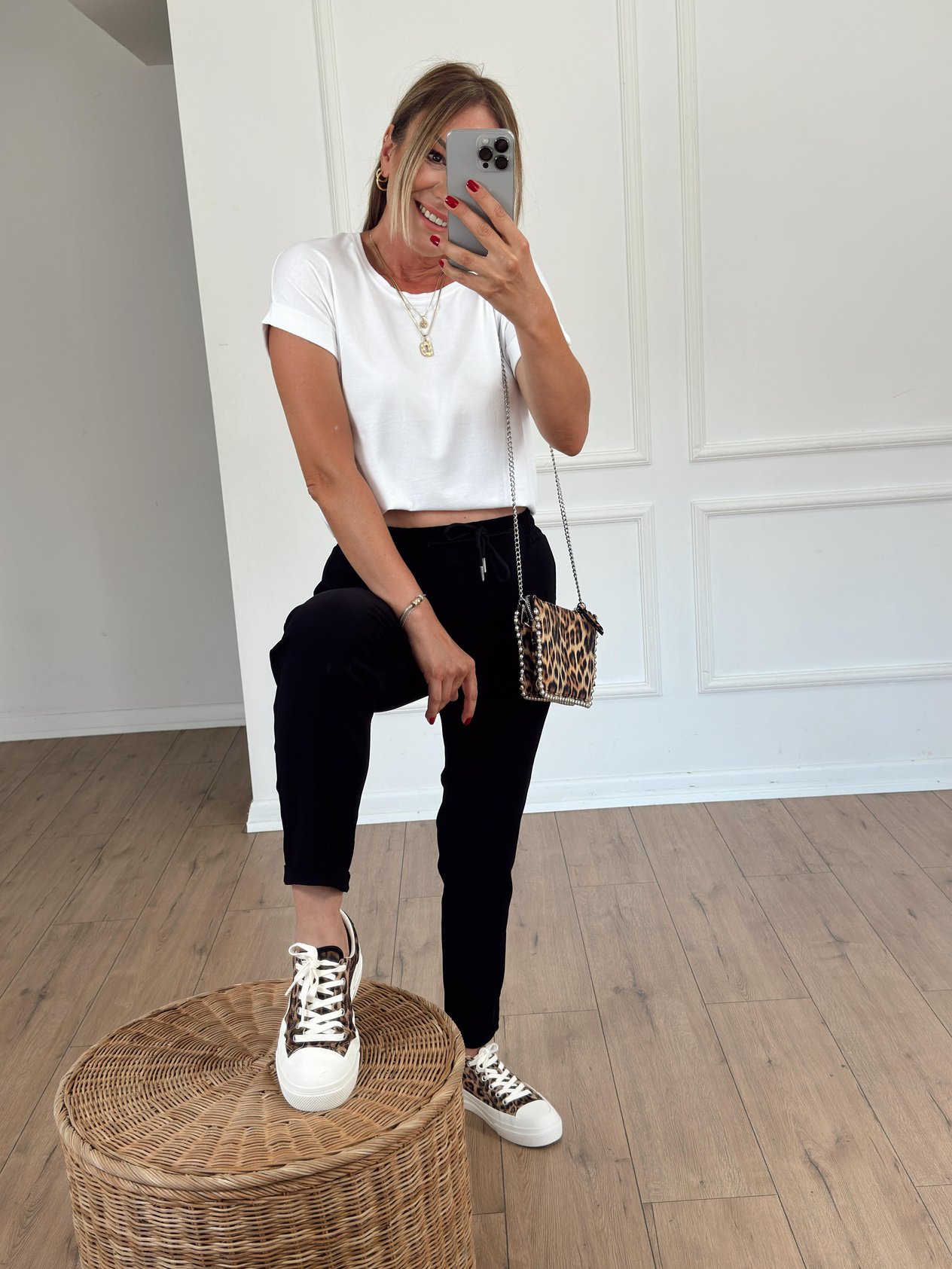 Stretch Double Hem Elastic Waist Pants BLACK