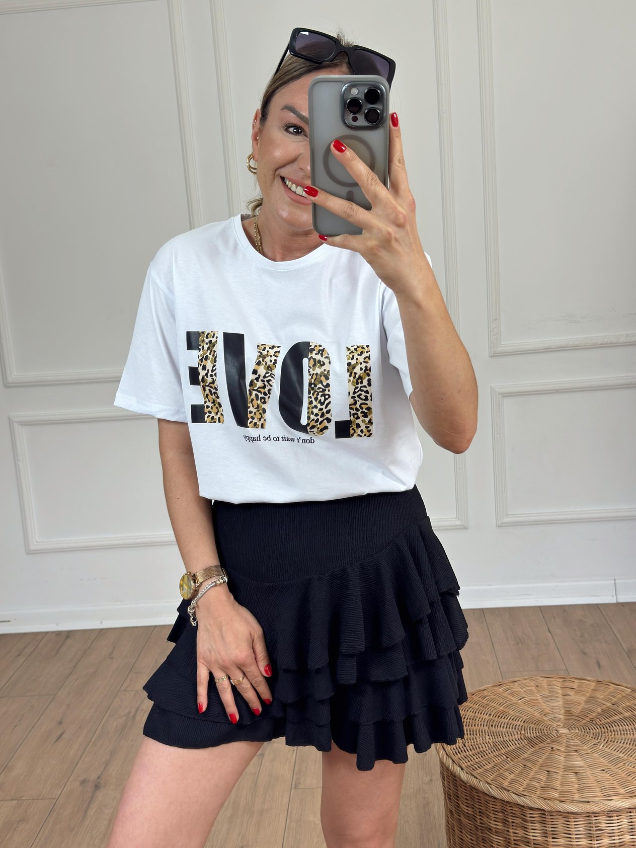 Love Leopar Baskılı Tshirt BEYAZ