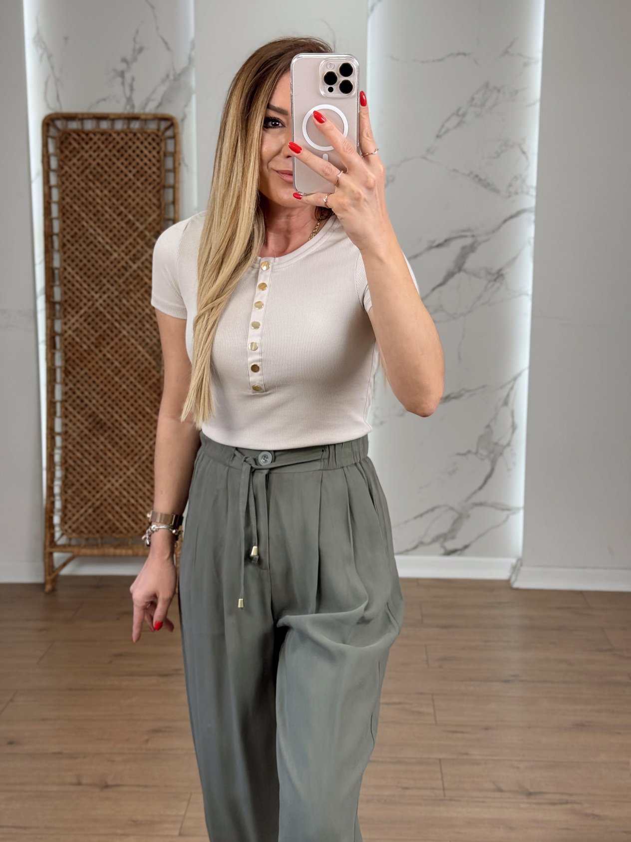 Snap Front Ribbed T-Shirt Stone