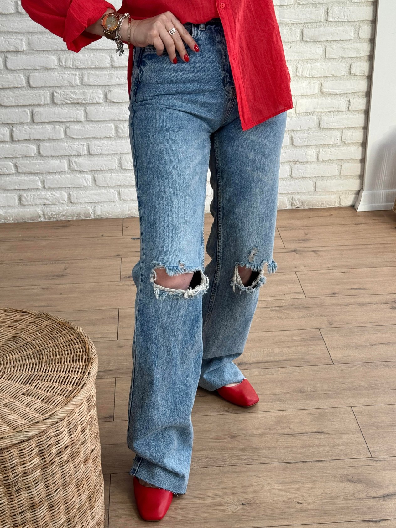 Palazzo Ripped Knee Jeans Blue