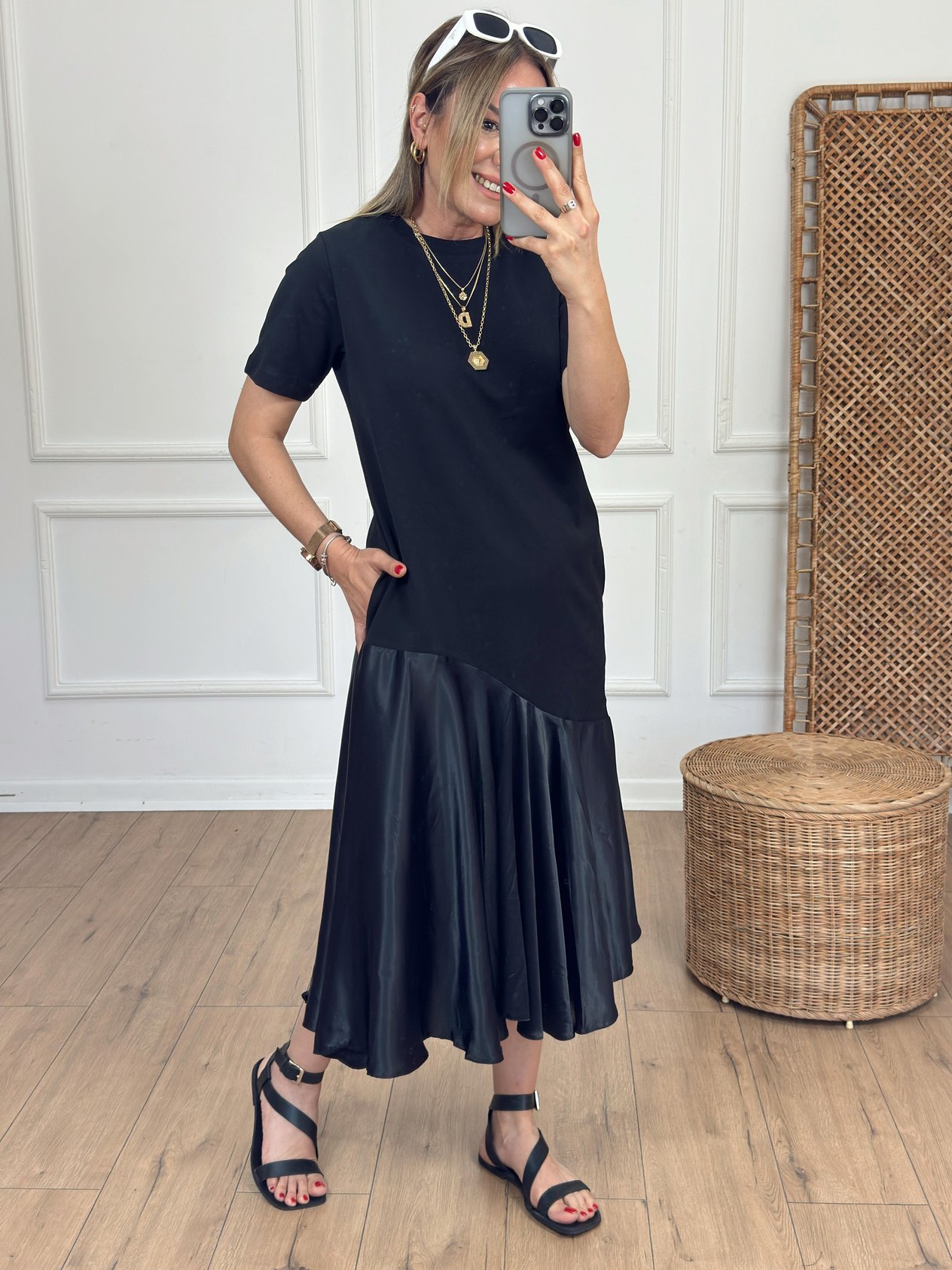 Satin Dress with Ruffle and Pocket Detail BLACK