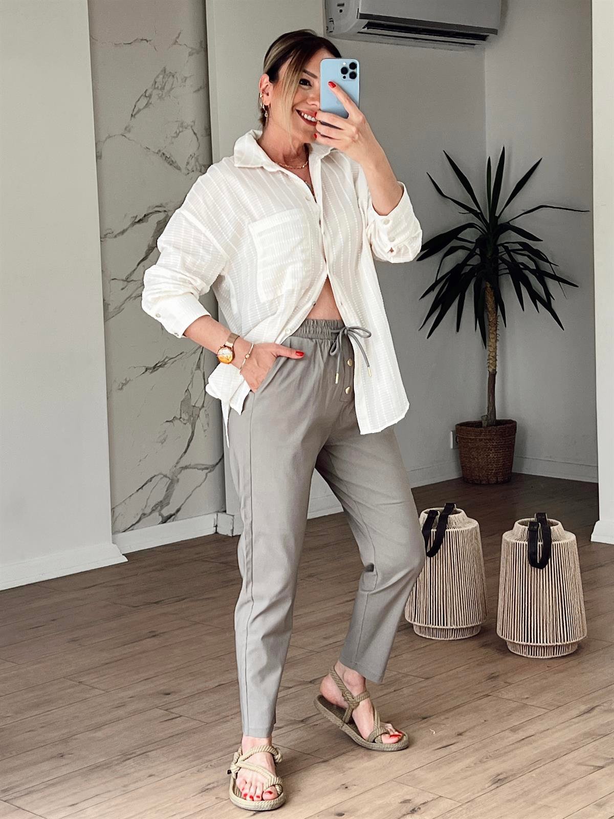 X-102K Front Buttoned Full Stretch Pants Taupe