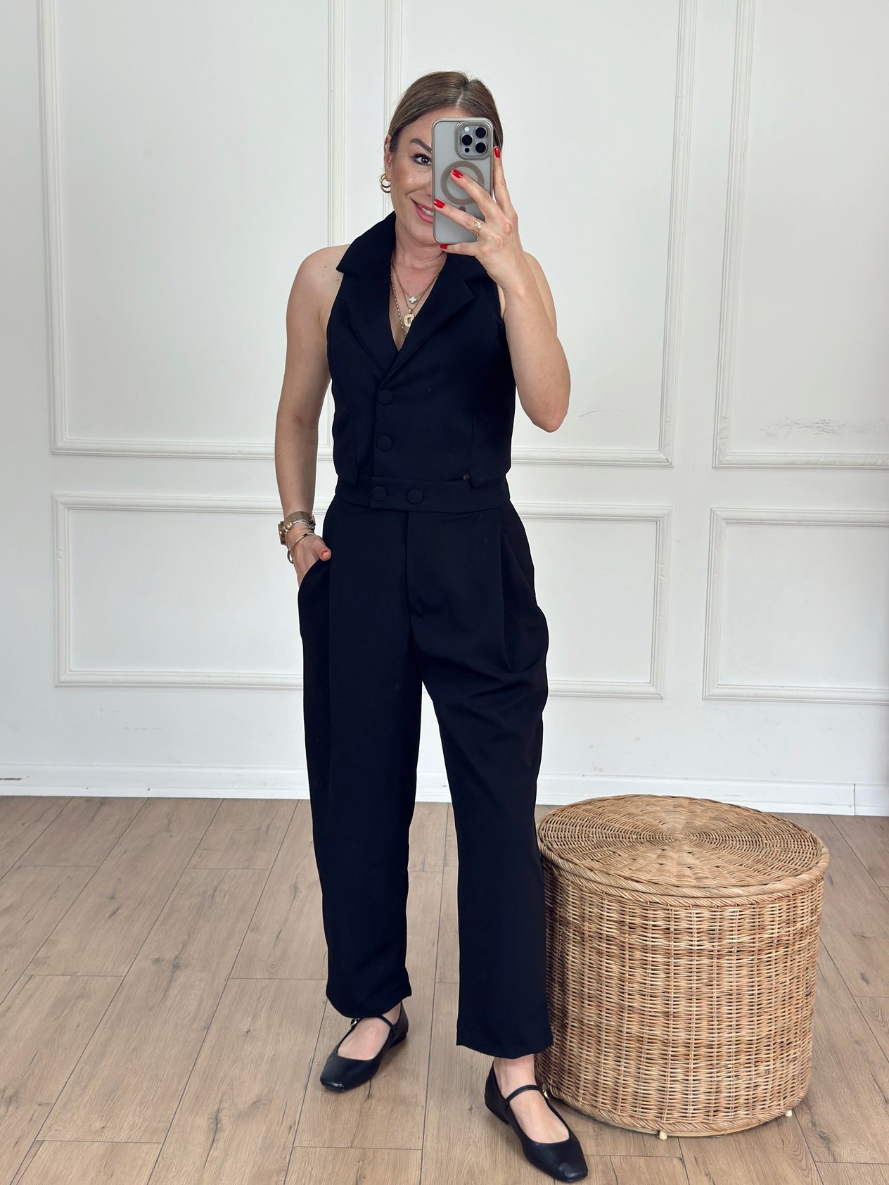 Jumpsuit with Side Cut-Outs and Vest Detail BLACK
