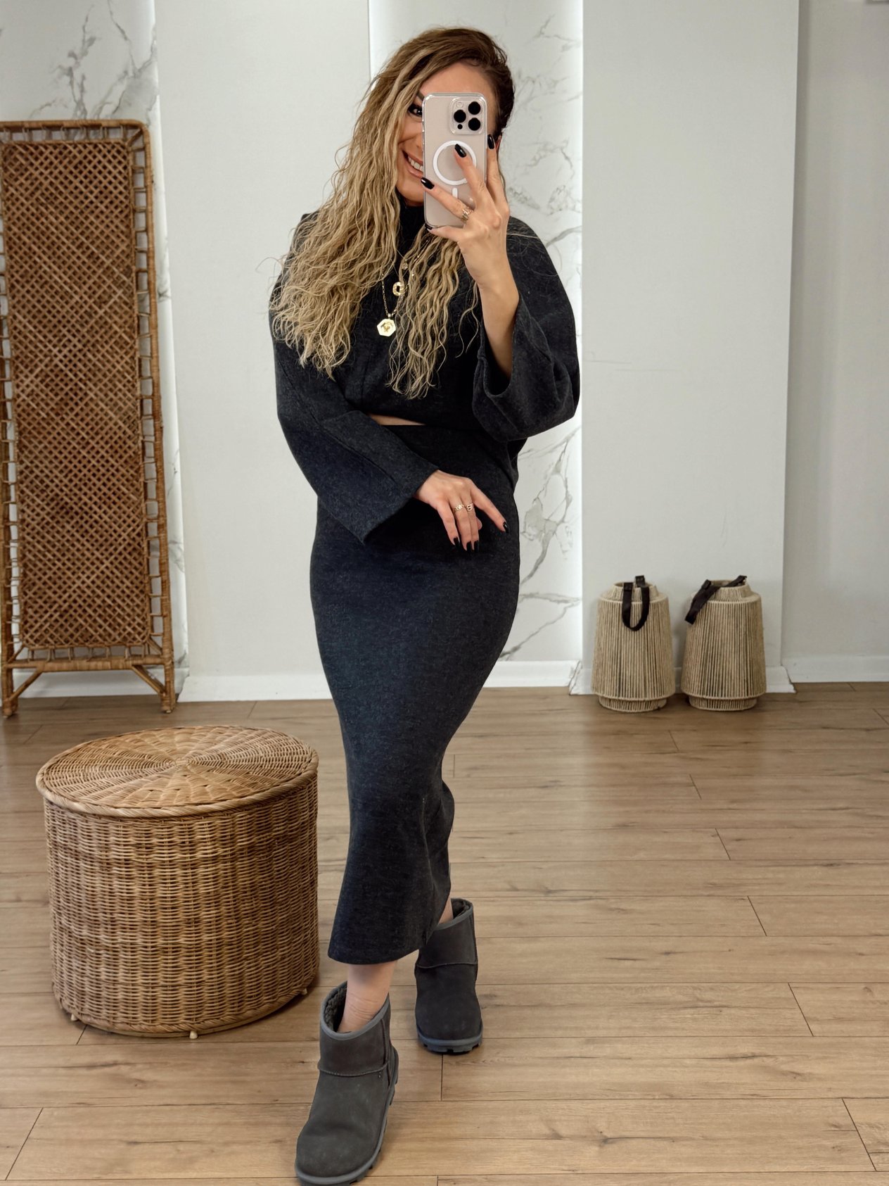 Batwing Sleeve Two-Piece Set with Skirt Anthracite