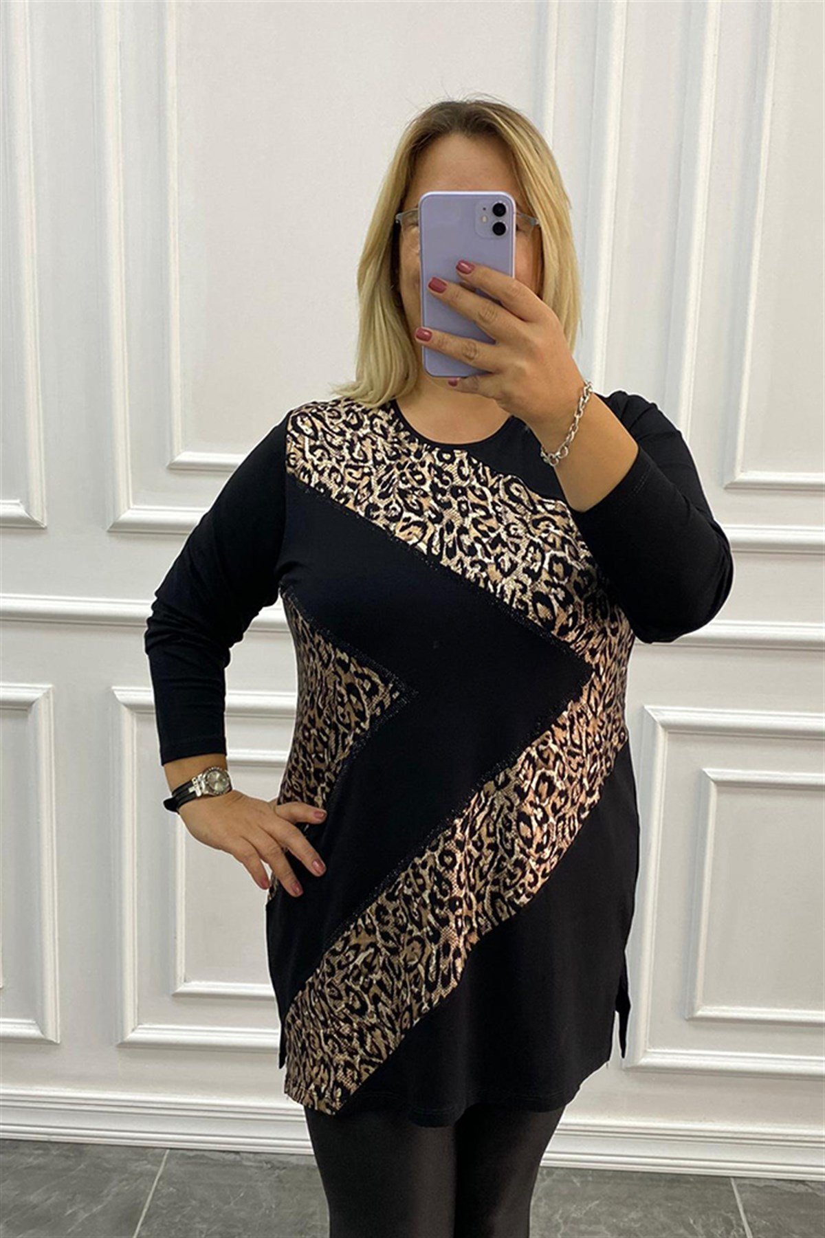 Büyük Beden Leopar Desenli Uzun Kollu Siyah Tunik
