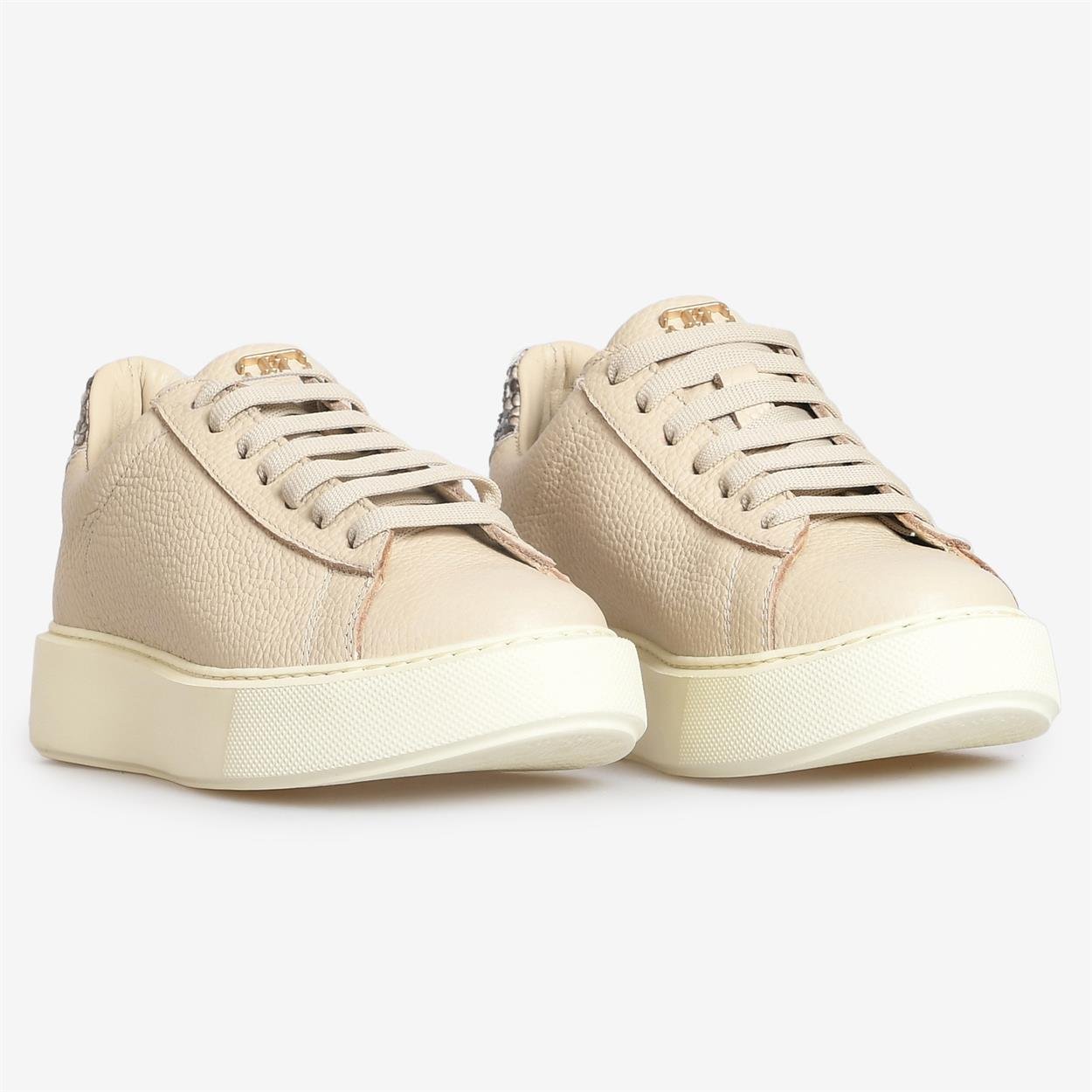 Bej Deri Yılan Desenli Kadın Sneakers