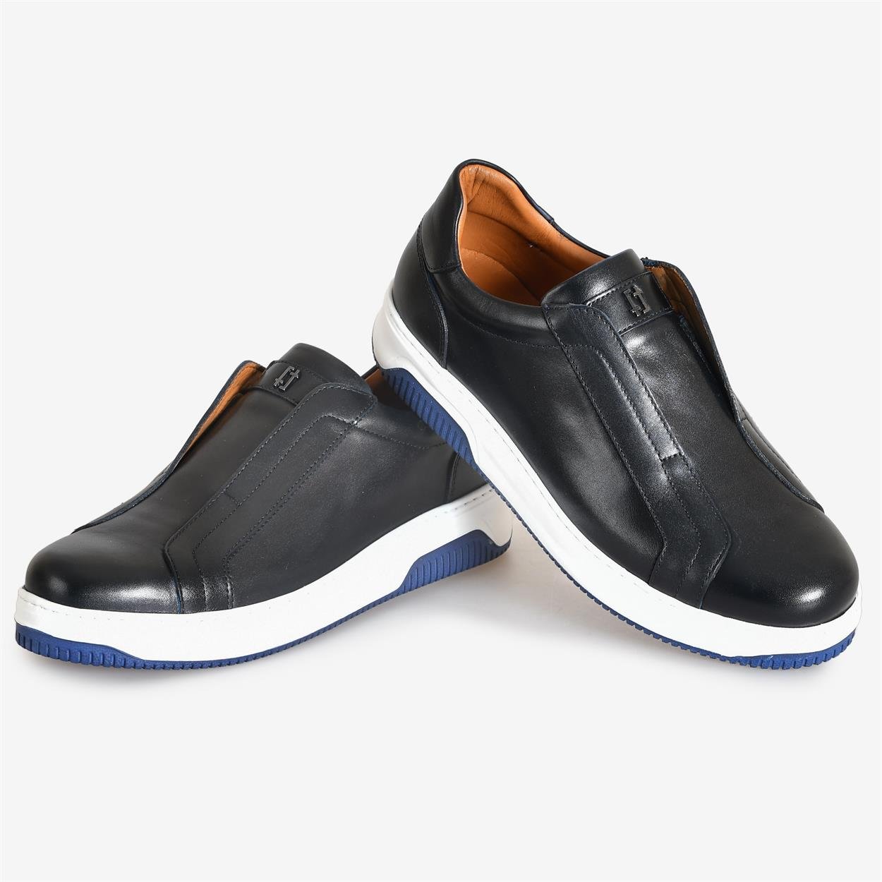 Lacivert Deri Bağcıksız Erkek Sneakers 