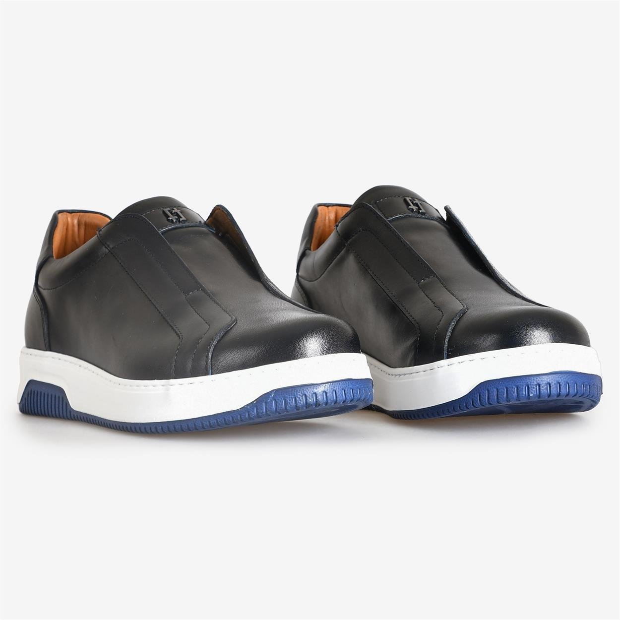 Lacivert Deri Bağcıksız Erkek Sneakers 