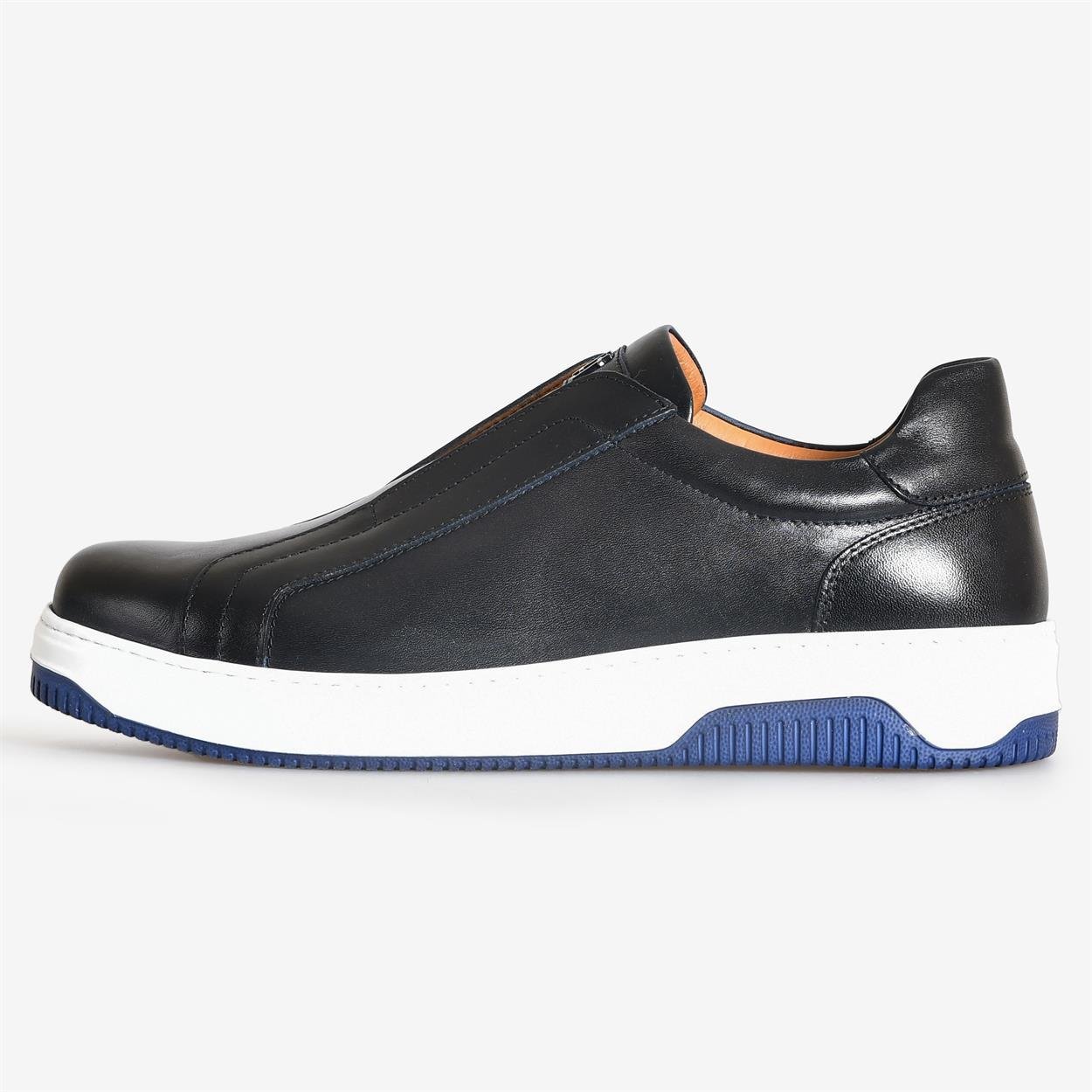 Lacivert Deri Bağcıksız Erkek Sneakers 