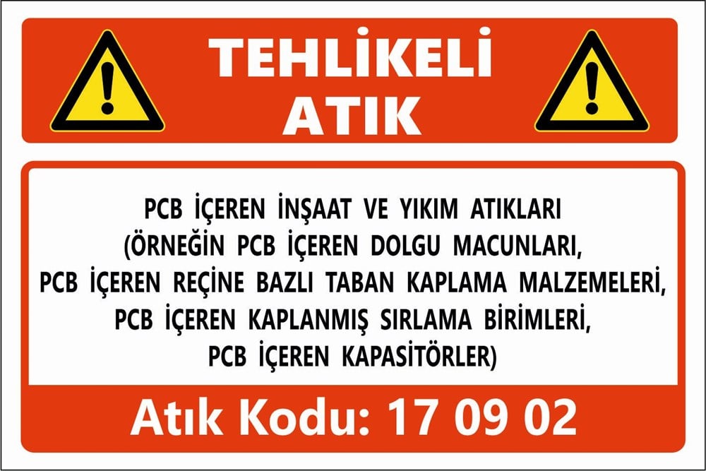 Atık TabelalarıPCB İÇEREN İNŞAAT VE YIKIM ATIKLARI (ÖRNEĞİN PCB İÇEREN DOLGU MACUNLARI, PCB İÇEREN REÇİNE BAZLI TABAN KAPLAMA MALZEMELERİ, PCB İÇEREN KAPLANMIŞ SIRLAMA BİRİMLERİ, PCB İÇEREN KAPASİTÖRLER)