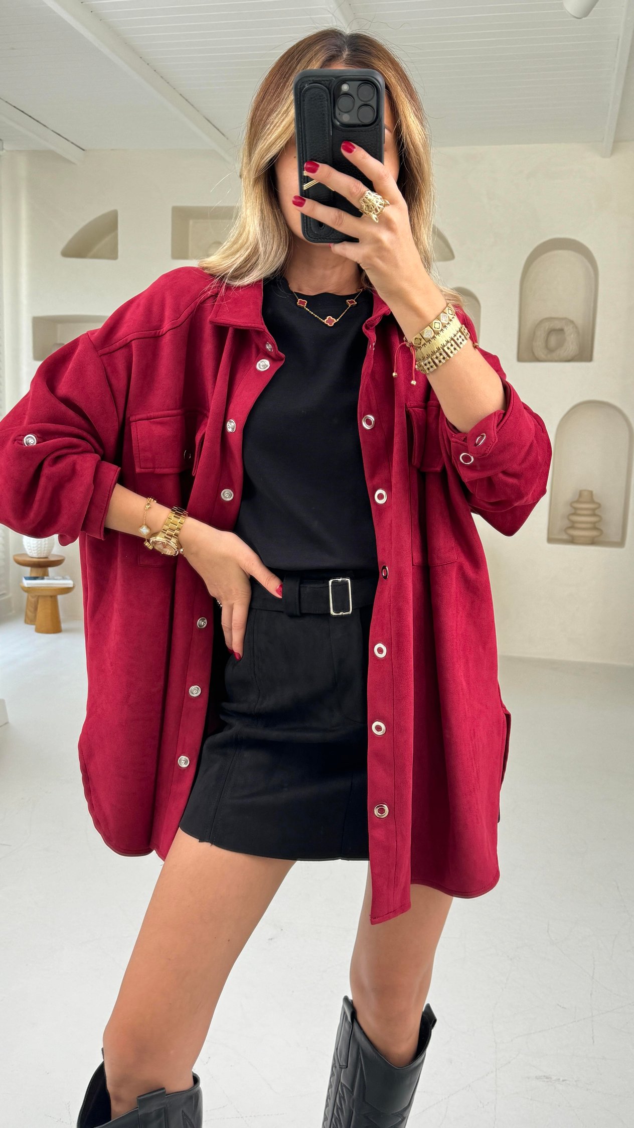 Bordo Çıtçıtlı Nubuk Oversize Gömlek GÖMLEK