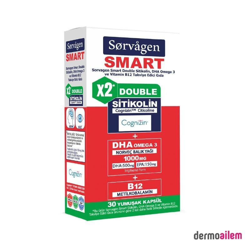 Sorvagen Smart Double Sitikolin 250 mg DHA Omega 3 ve B12 30 Kapsül