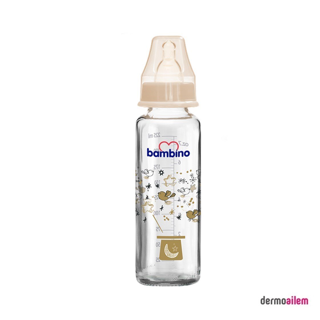 Biberon & Emzik & OyuncakBambinoBambino Beyaz Kapaklı Kuş Desenli Damaklı Cam Biberon 225 Ml