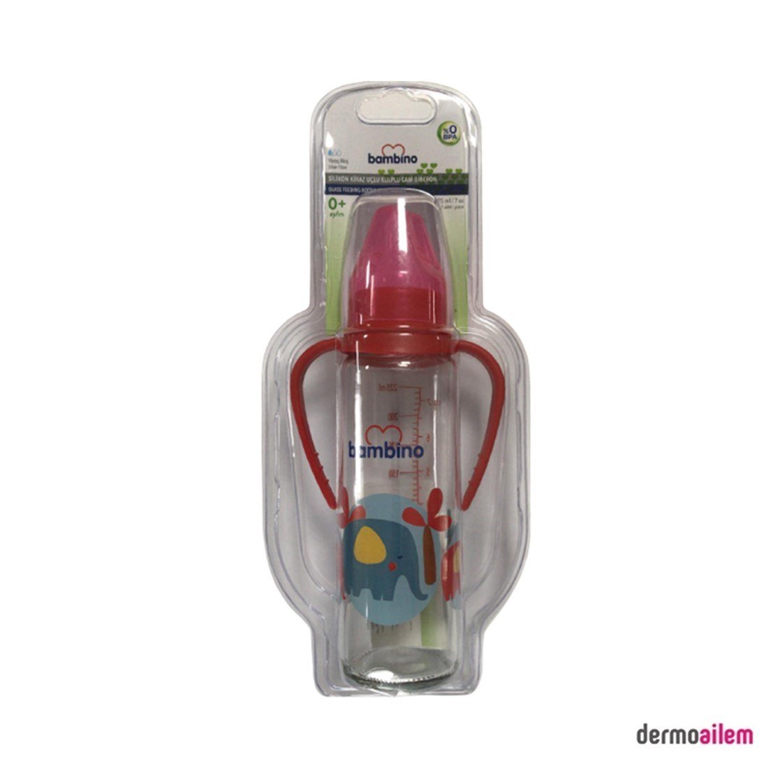 Biberon & Emzik & OyuncakBambinoBambino Silikon Kiraz Uçlu Kulplu Cam Biberon 225 Ml Kırmızı B016