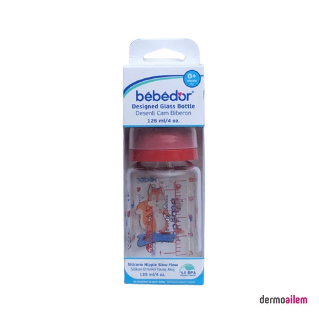 Biberon & Emzik & OyuncakBebedorBebedor Desenli Cam Biberon 125 ml 0+ Kırmızı