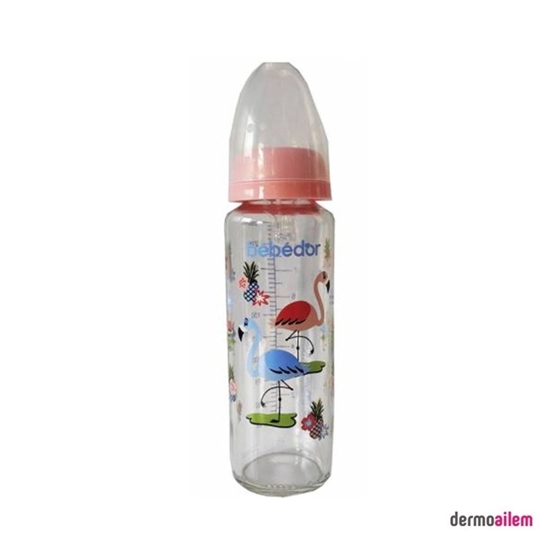 Biberon & Emzik & OyuncakBebedorBebedor Desenli Cam Biberon Silikon Emzikli Orta Akış Pembe 250 ml