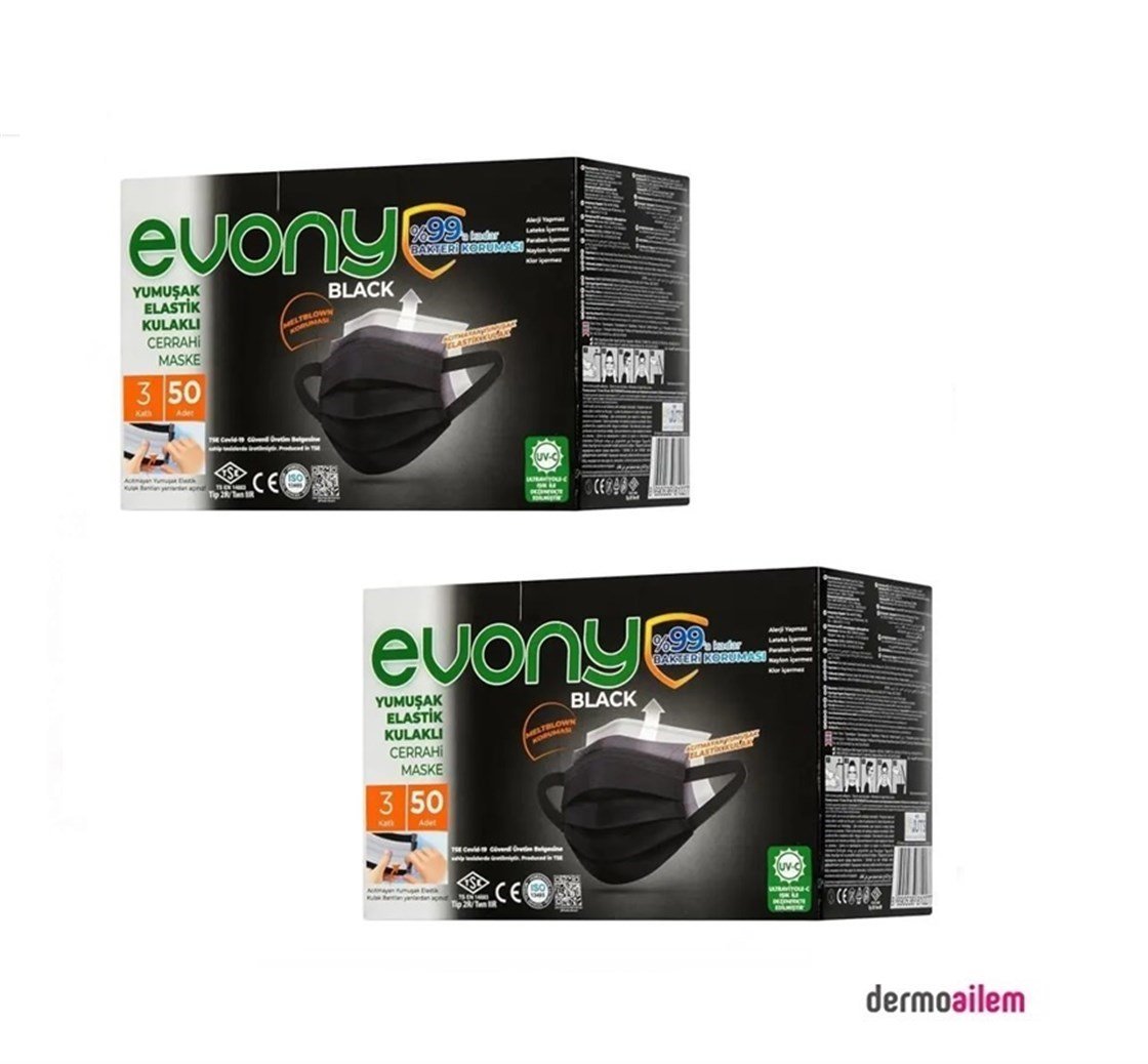 Maske & SiperlikEvonyEvony Black 3 Katlı Yumuşak Elastik Kulaklı Siyah 50'li 2 Paket Cerrahi Maske