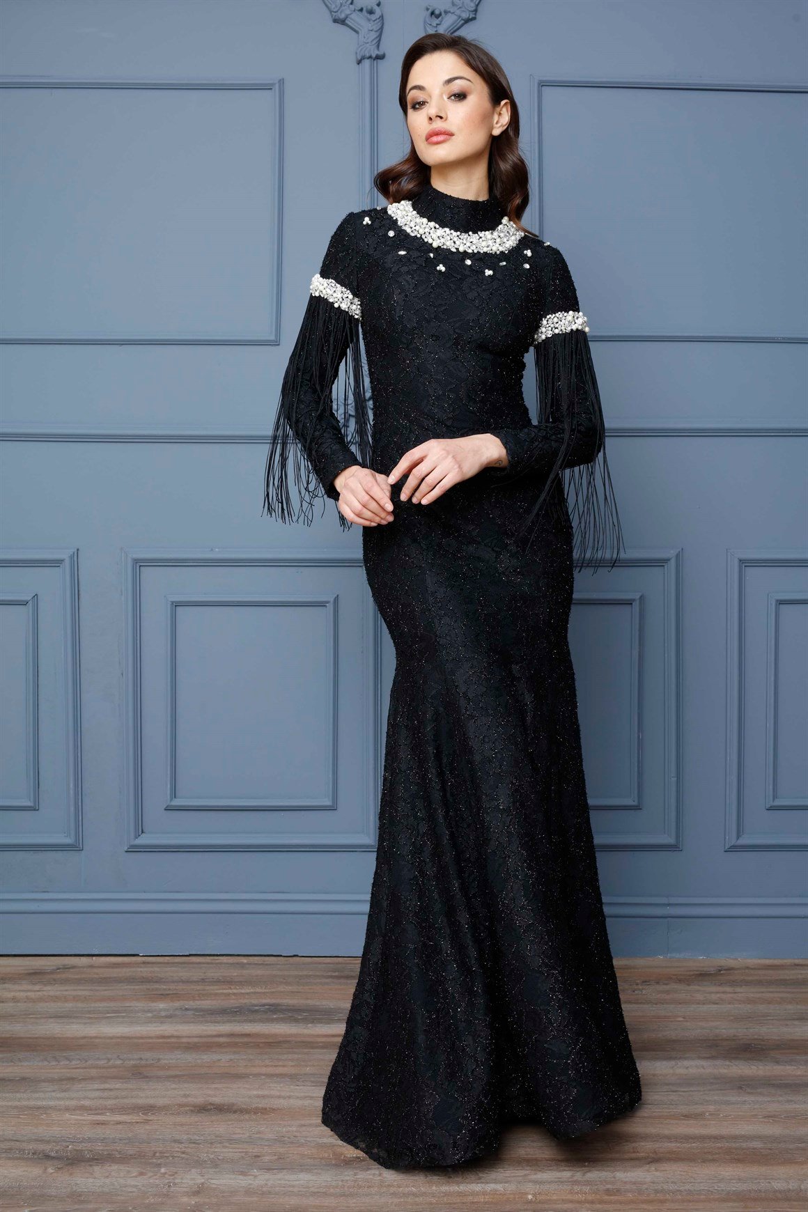 Black - Stony Sleeve Evening Gown